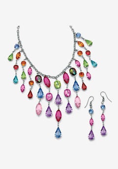Multicolor Crystal Bib Necklace And Earrings 2-Piece Set In Antiqued Silvertone