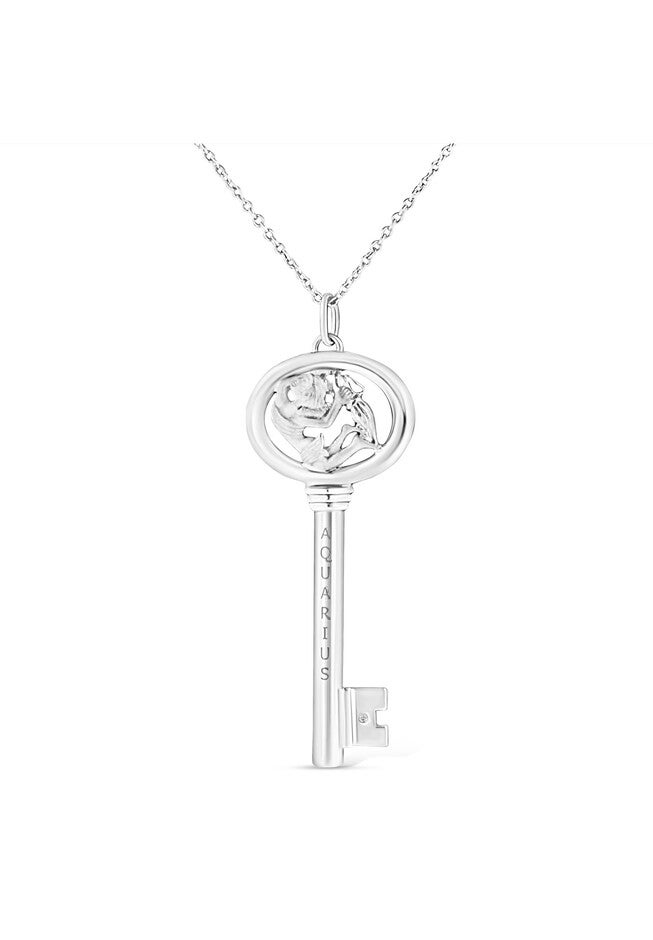 Sterling Silver Diamond Accent Aquarius Zodiac Key Pendant Necklace, WHITE, hi-res image number 0