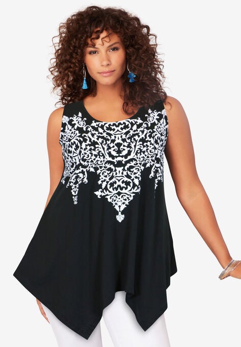 Handkerchief-Hem Tunic Tank, BLACK DAMASK, hi-res image number null