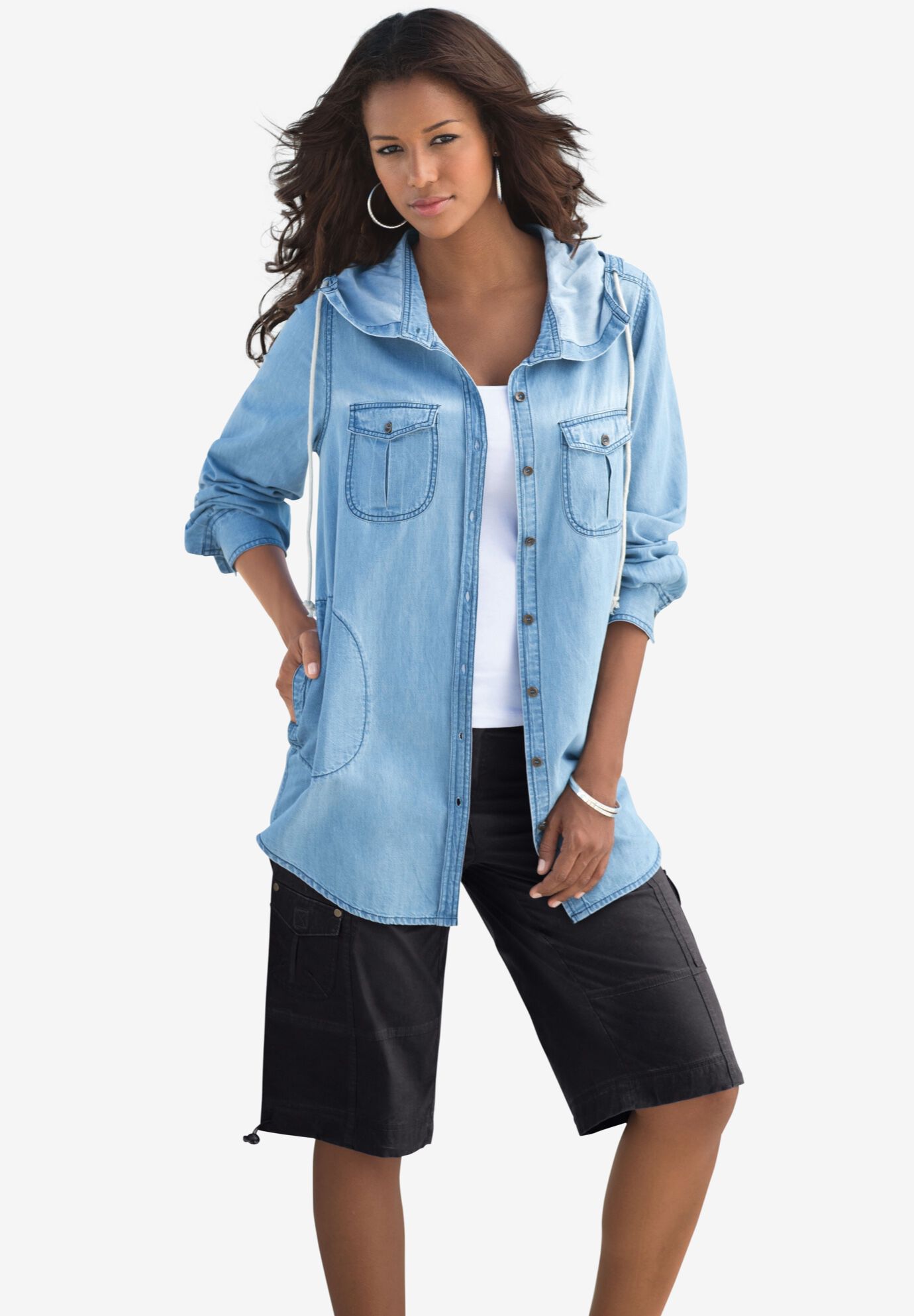Hooded denim shirt womens hotsell