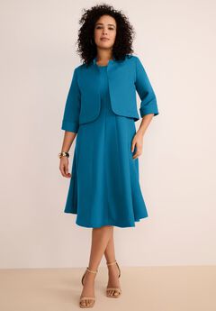 Plus Size Elbow Sleeve Fit-and-Flare Dress with Bolero Jacket – 2-Piece Suit