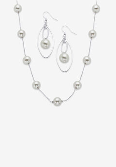 Simulated Pearl Silvertone 2-Piece Station Necklace And Drop Earring Set 18"-21"