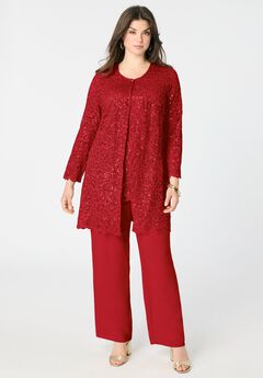 Plus-Size 3 Piece Allover Sequin Lace Jacket and Tank Pant Set