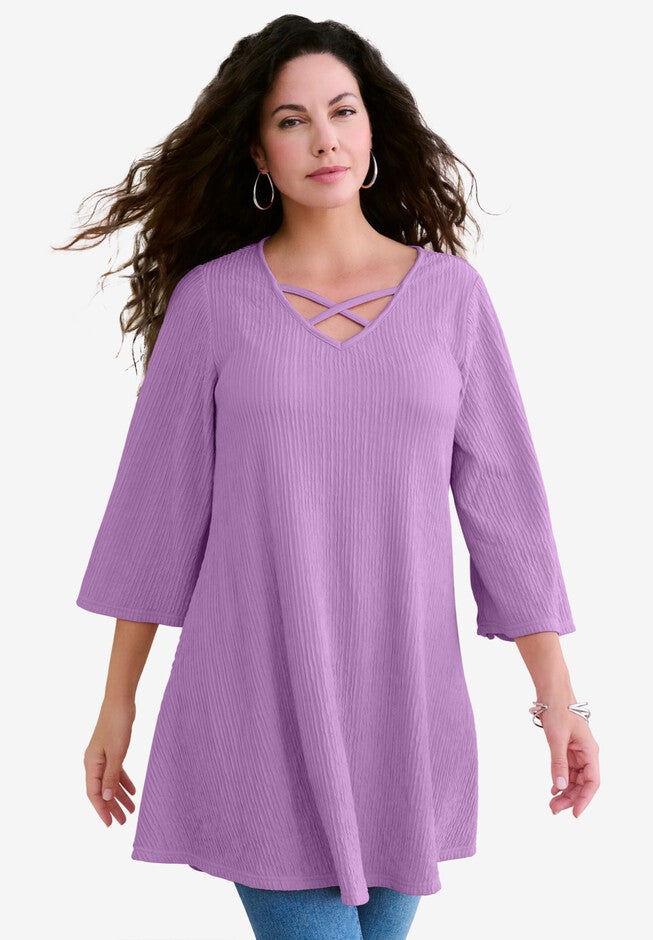 Textured Knit Bell-Sleeve Tunic, VIOLET, hi-res image number null