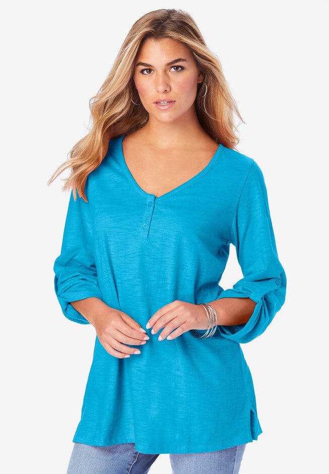 V-Neck Henley Slub Cotton Tee, OCEAN, hi-res image number null