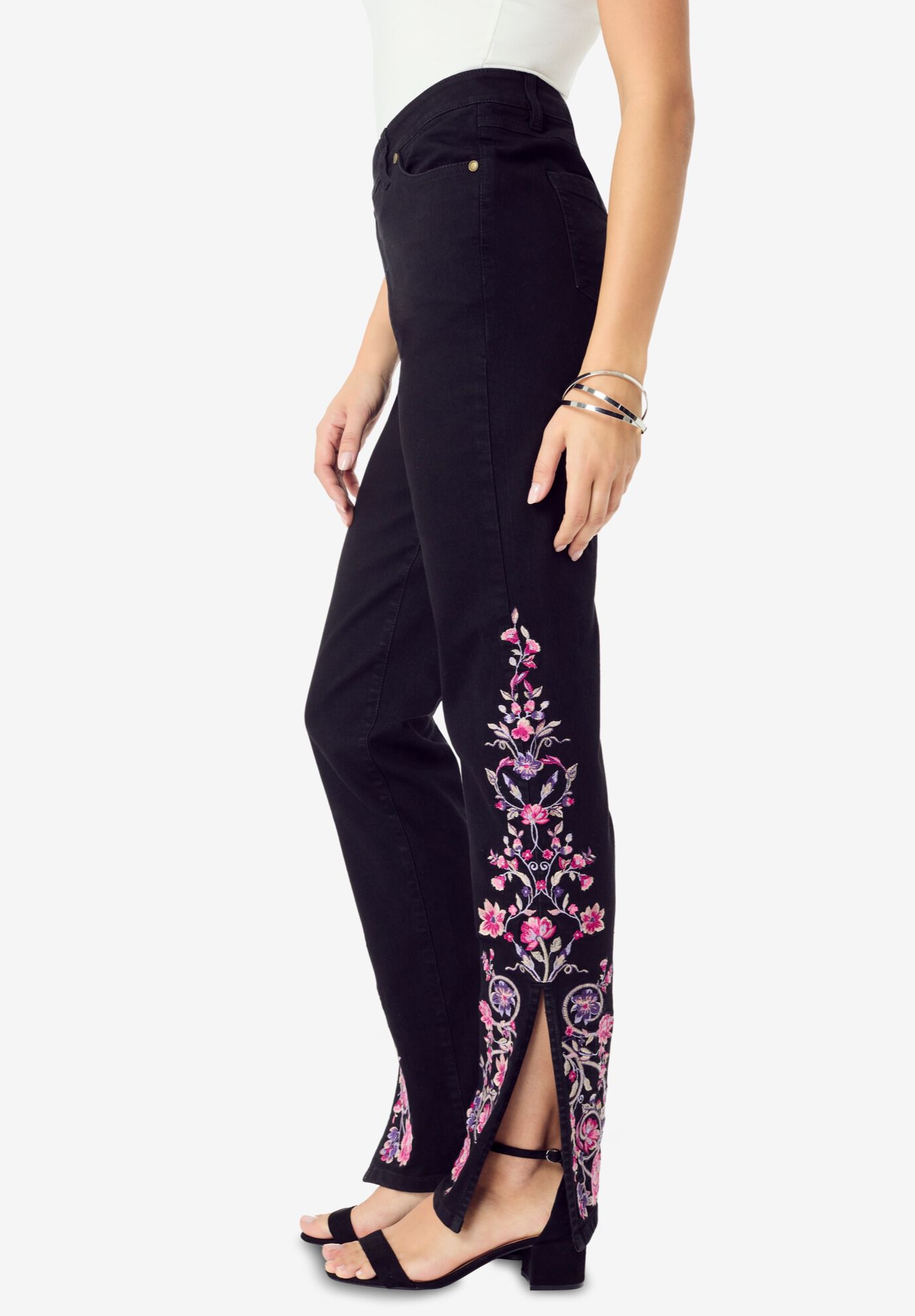 Plus Size Invisible Stretch&reg; Embroidered Split Flare-Leg Jean, BLACK VINE, alternate image number 2