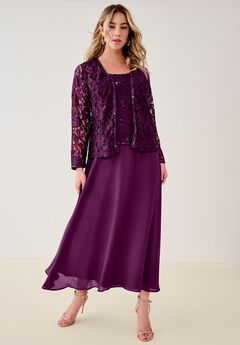Plus-Size 2 Piece Long Sleeve Embellished Lace Jacket and Full Gown