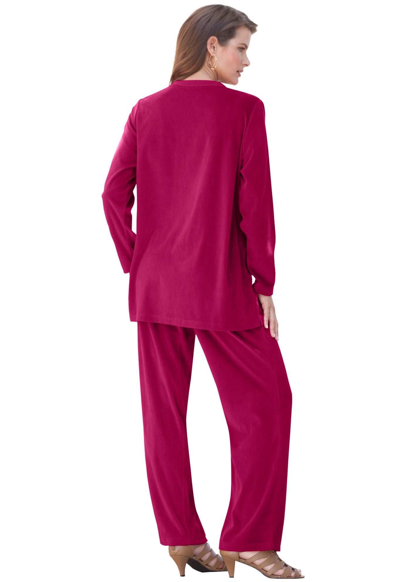 Plus Size Two-Piece V-Neck Velour Set, RICH BURGUNDY, alternate image number 2