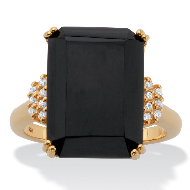 .42 Cttw. Emerald Cut Black Onyx and White Topaz 18k Gold-Plated Silver Ring, BLACK, hi-res image number 0