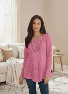 Plus Size Lace Yoke Pullover Sweater
