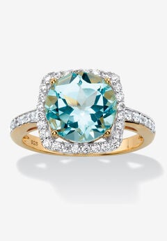 14K Yellow Gold Over Silver Genuine Blue Topaz And Round Cz Ring