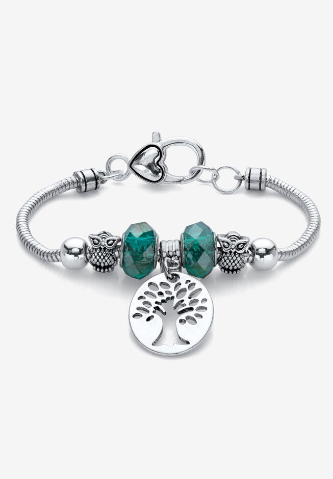 Silvertone Antiqued Bali Style Tree of Life and Owl Charm Bracelet 7.5 inches, SILVER, hi-res image number null