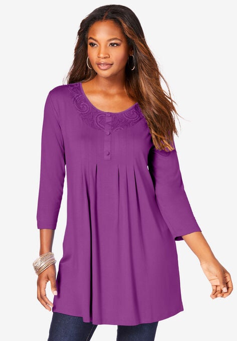 Lace-Embellished Henley Ultra Femme Top, PURPLE MAGENTA, hi-res image number null