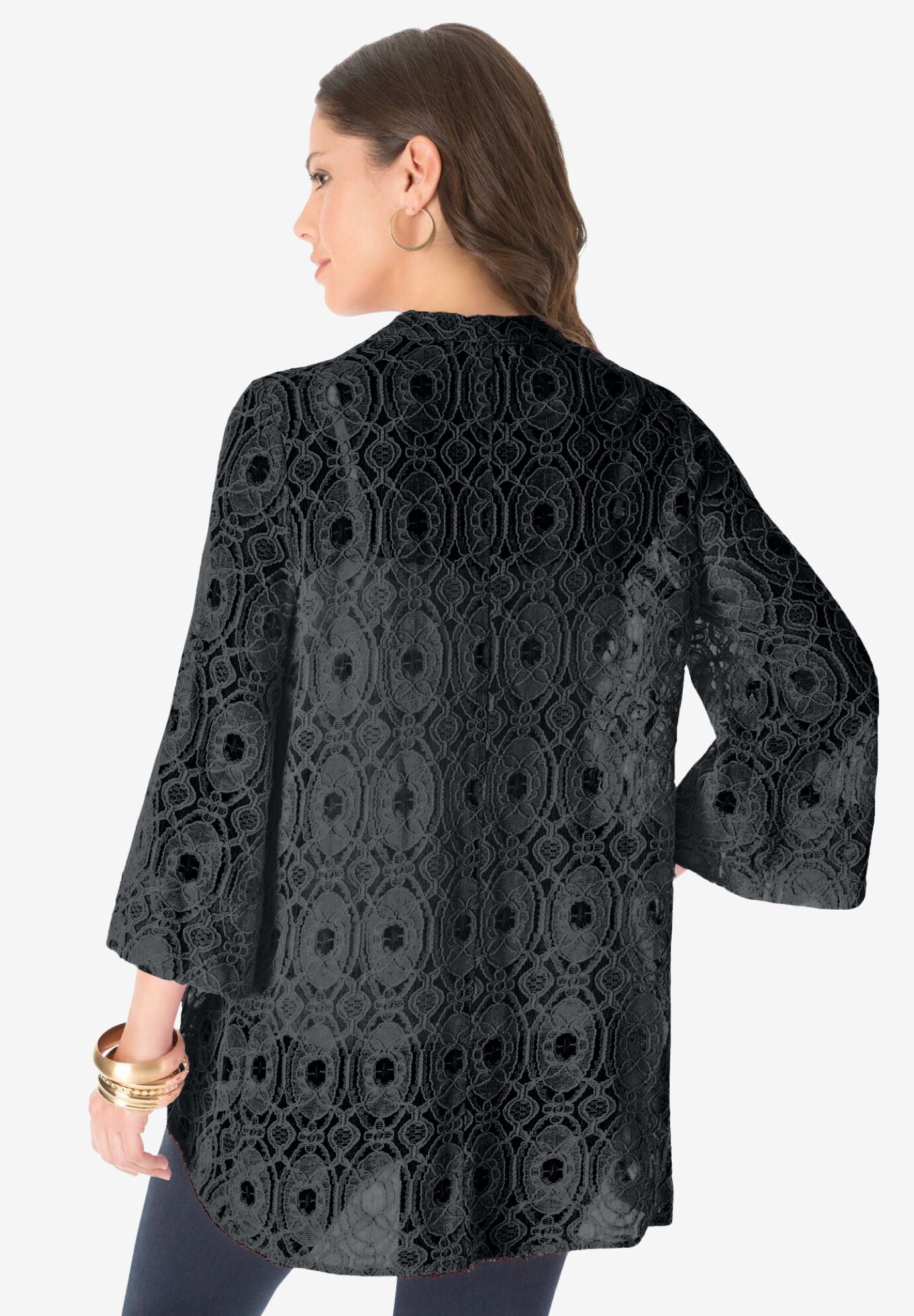 Plus Size Lace Three Quarter Sleeve Swing Jacket, WHITE, on-hover image number 1