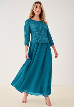 Extended Plus Size Sequin Lace Three Quarter Sleeve A-Line Gown