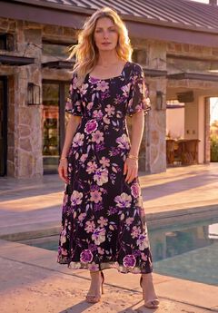 Hand-Crinkled Flutter-Sleeve Maxi Dress