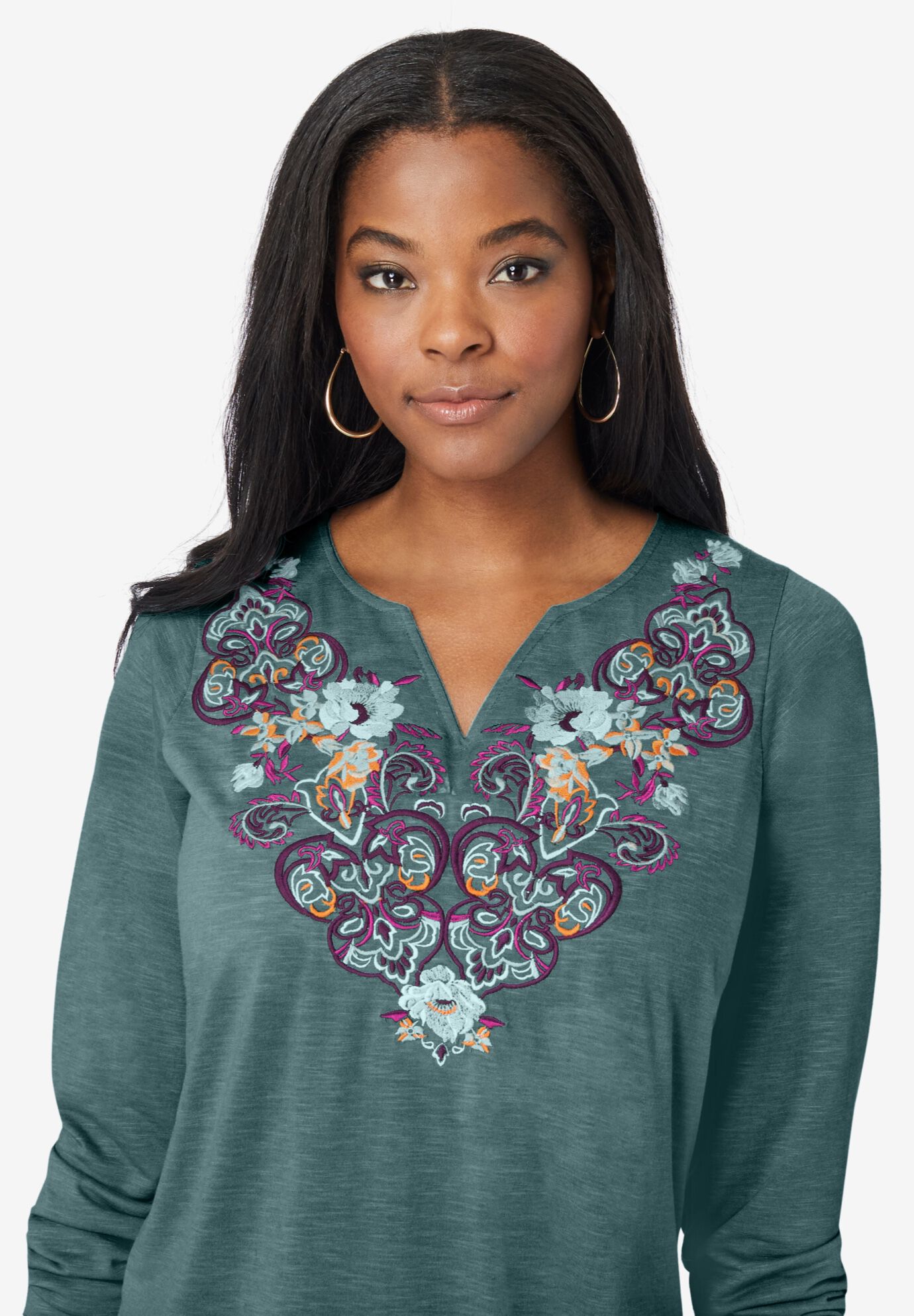 Embroidered Notch Neck Tee, , alternate image number 3