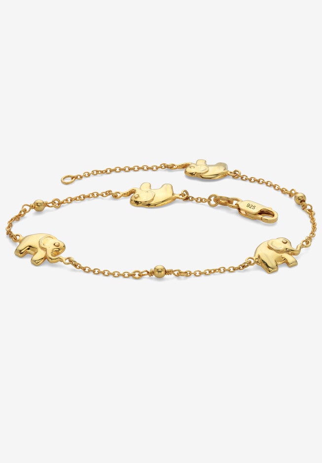 Beaded Elephant 18K Gold-Plated Sterling Silver Station Ankle Bracelet 10 inches, GOLD, hi-res image number 0
