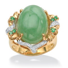 .28 TCW Emerald, CZ and Jade Ring in Gold-Plated .925 Sterling Silver