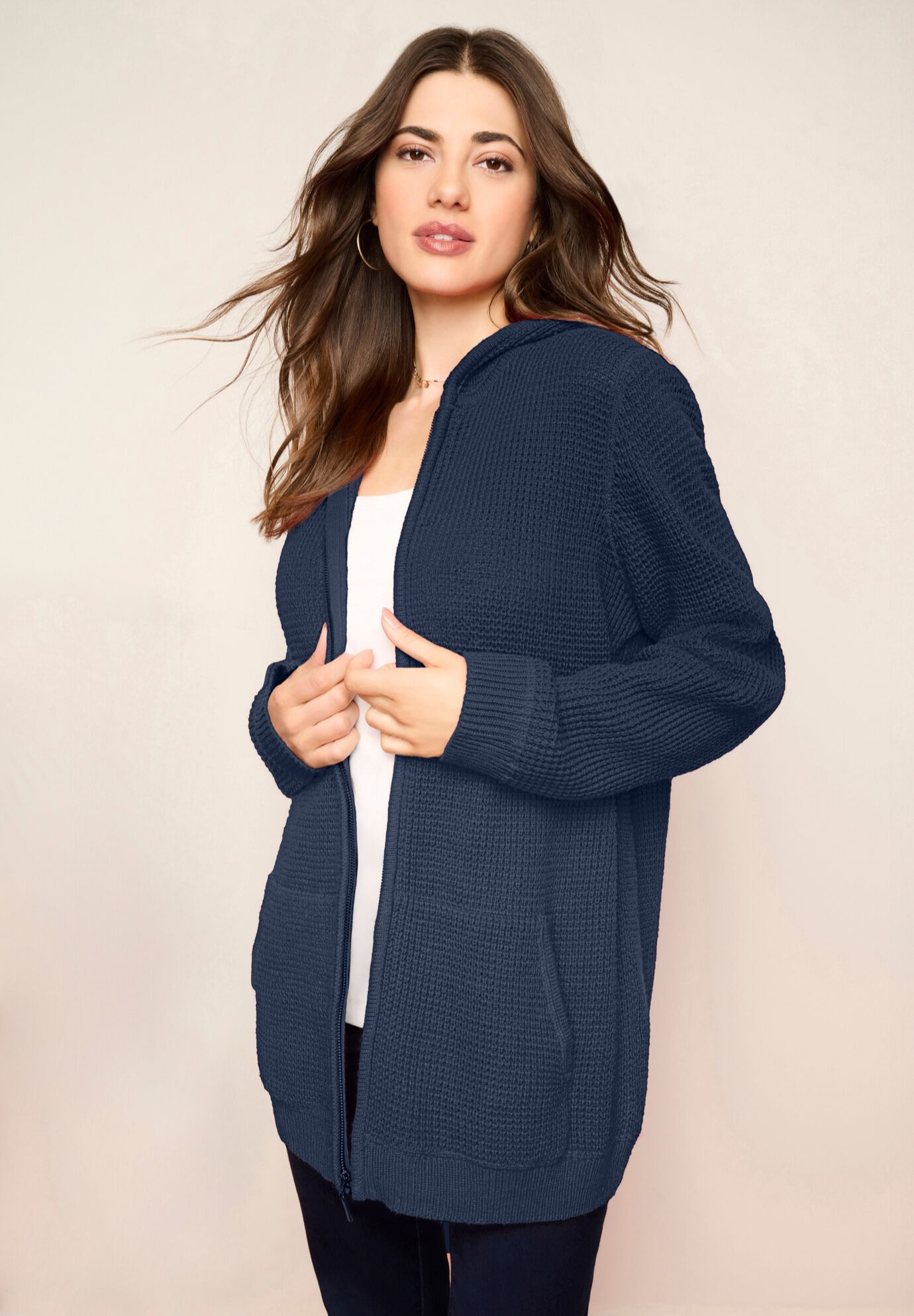Plus Size Waffle Knit Zip-Front Relaxed Hoodie, NAVY, on-hover image number 1