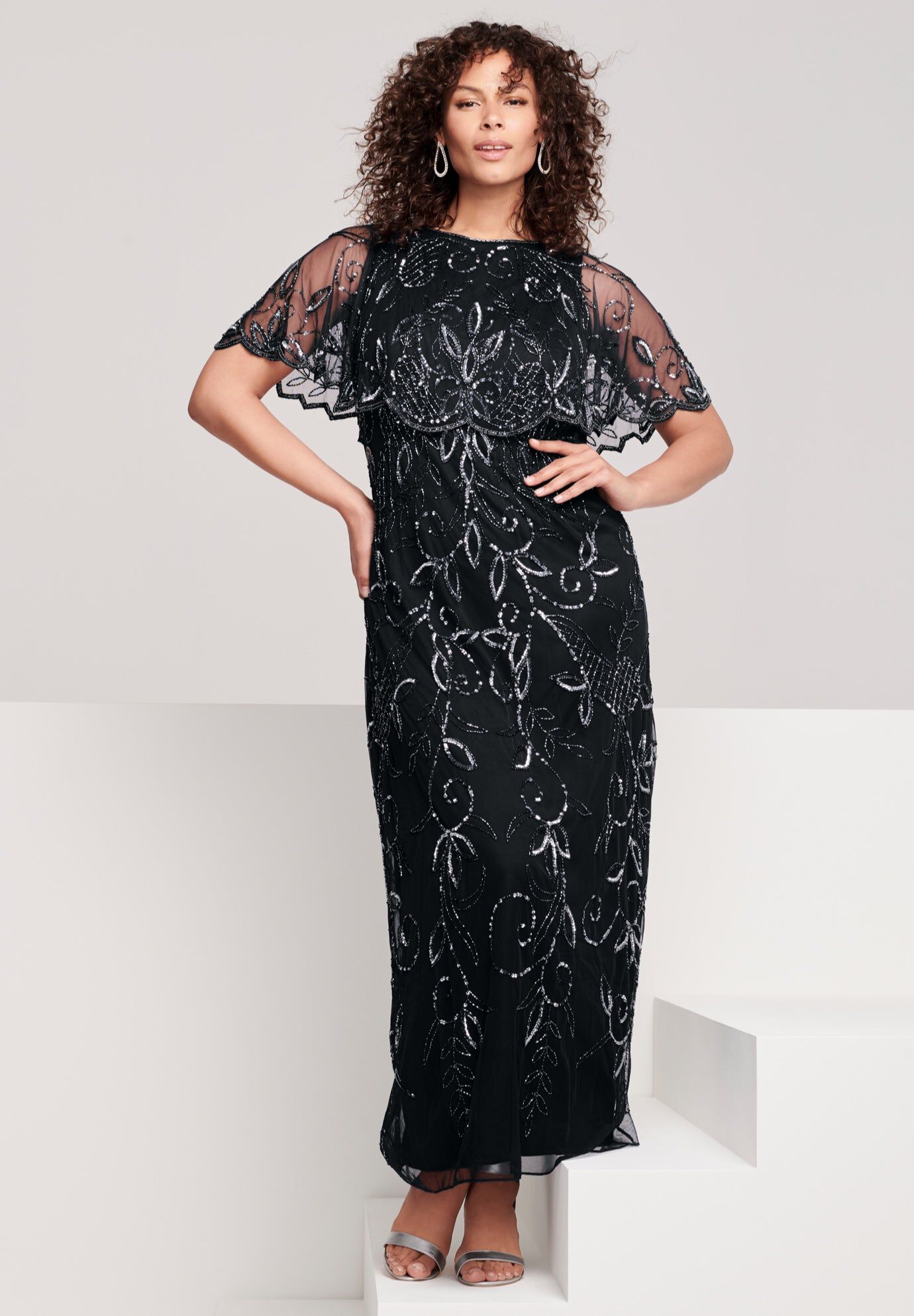Extended Plus Size Beaded Capelet Maxi Gown &ndash; Glam Evening Dress, BLACK, hi-res image number 0