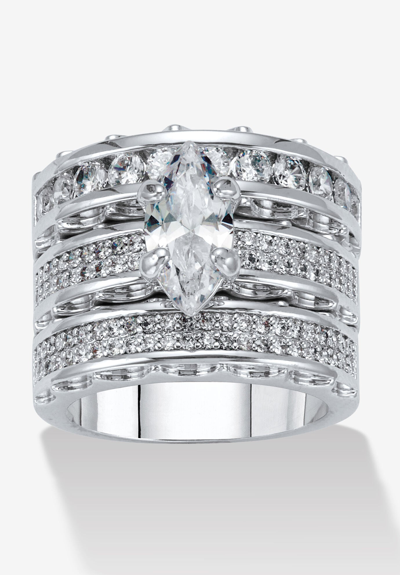 3 Piece 3.38 Tcw Marquise Cubic Zirconia Platinum-Plated Bridal Ring Set, WHITE, hi-res image number 0
