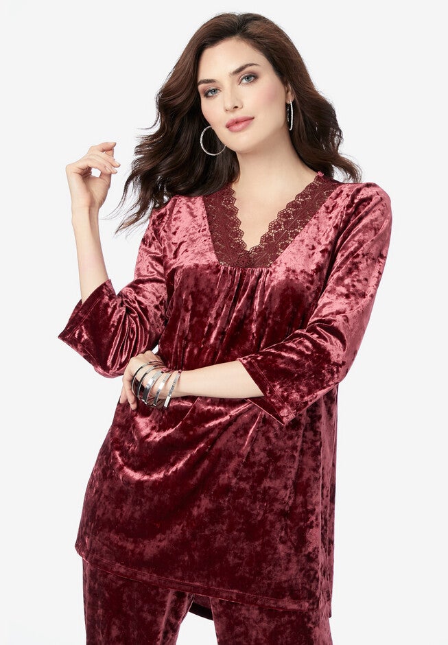 Lace-Trimmed High-Low Velour Top, RICH BURGUNDY, hi-res image number null
