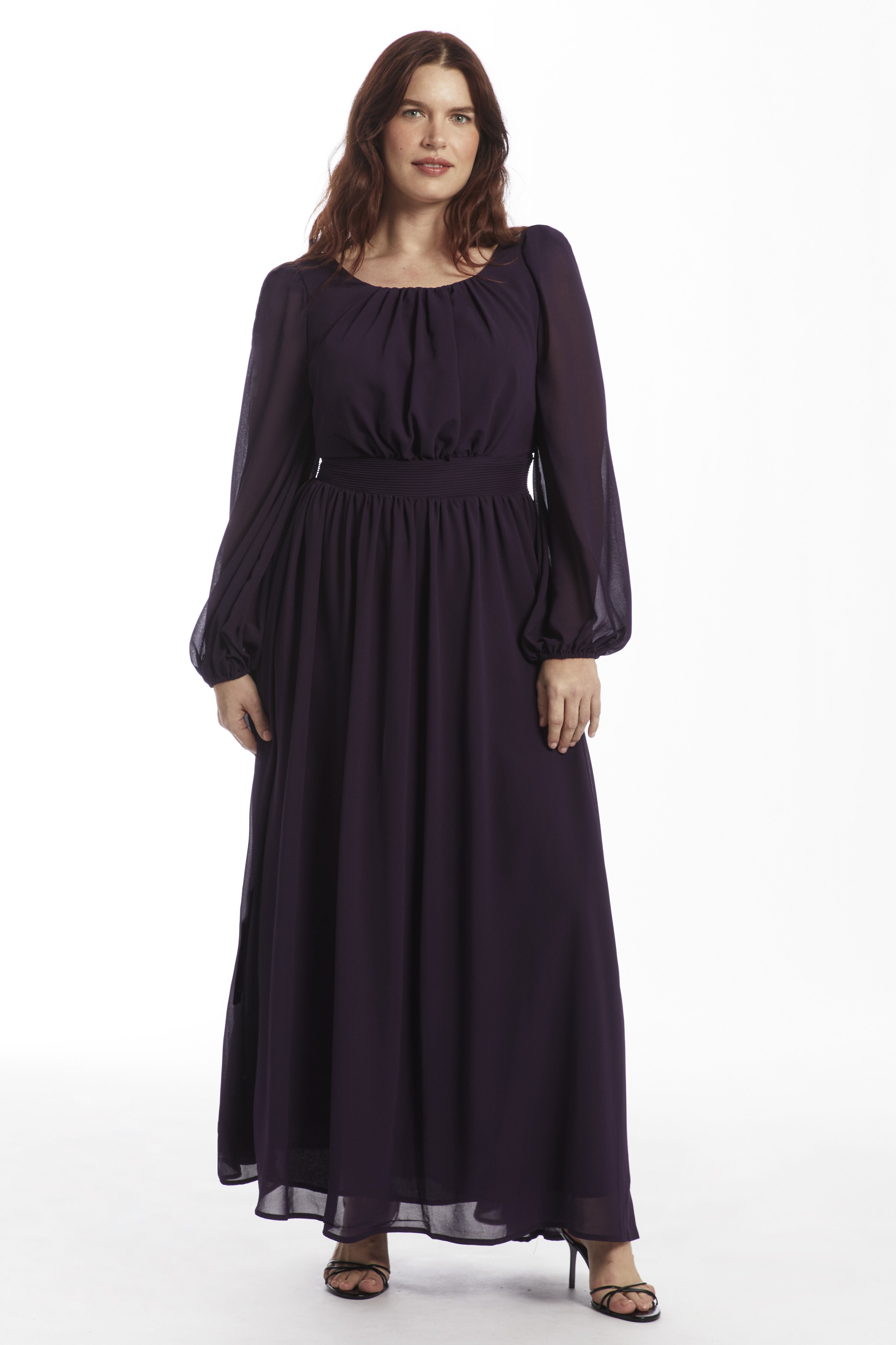 Scoop Neck Shirred Chiffon Gown, VIOLET INDIGO, hi-res image number 0