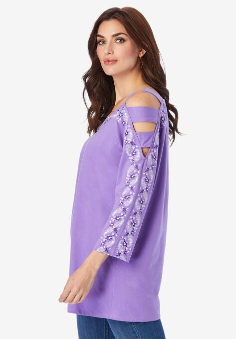 Embroidered Cold-Shoulder Top, , alternate image number null