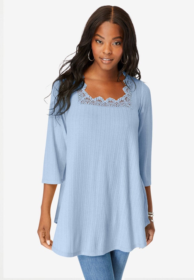 Fashionable Squareneck Pointelle Top, Pale Blue Roaman's