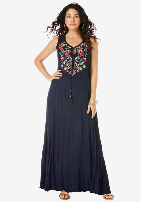 Embroidered Sleeveless Crinkle Dress, NAVY, hi-res image number null