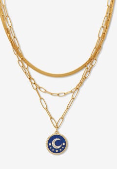 Yellow Gold Ion-Plated Stainless Steel 3-Strand Layered Necklace Set With Celestial Pendant
