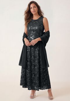 Plus-Size Allover Lace Embellished Shawl Gown