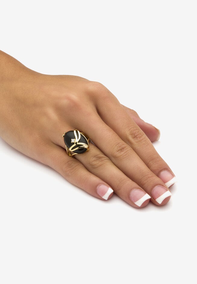 Yellow Gold Plated Natural Black Onyx and Round Crystal Ring, , alternate image number 2