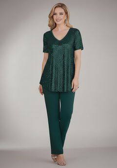 Extended Plus Size 2 Piece S/S Sequin Top and Pant Set