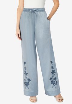 Embroidered Pull-On Wide-Leg Chambray Pant