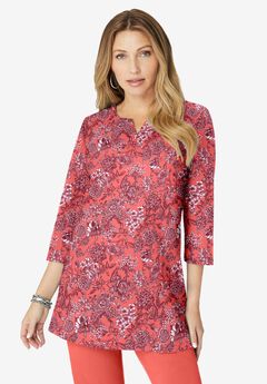 Plus Size Three-Quarter Sleeve Notch Neck Soft Knit Tunic