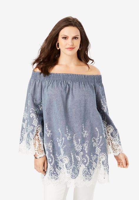 Off-The-Shoulder Chambray Tunic, LIGHT STONEWASH, hi-res image number null