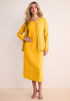 Plus Size Long Sleeve Pleated Jacket Dress Set – Elegant 2-Piece Sheath Suit