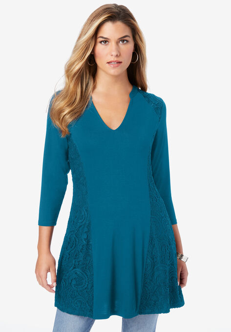 Lace-Panelled Fit-and-Flare Top, DEEP TEAL, hi-res image number null
