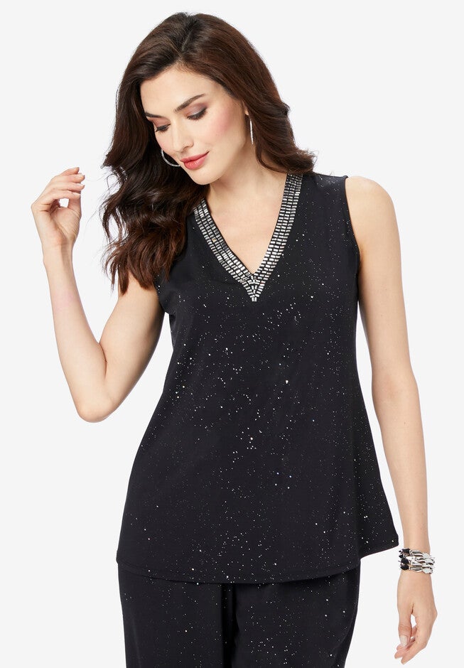 Embellished V-Neck Ultrasmooth® Fabric Top, BLACK SPARKLE, hi-res image number 0