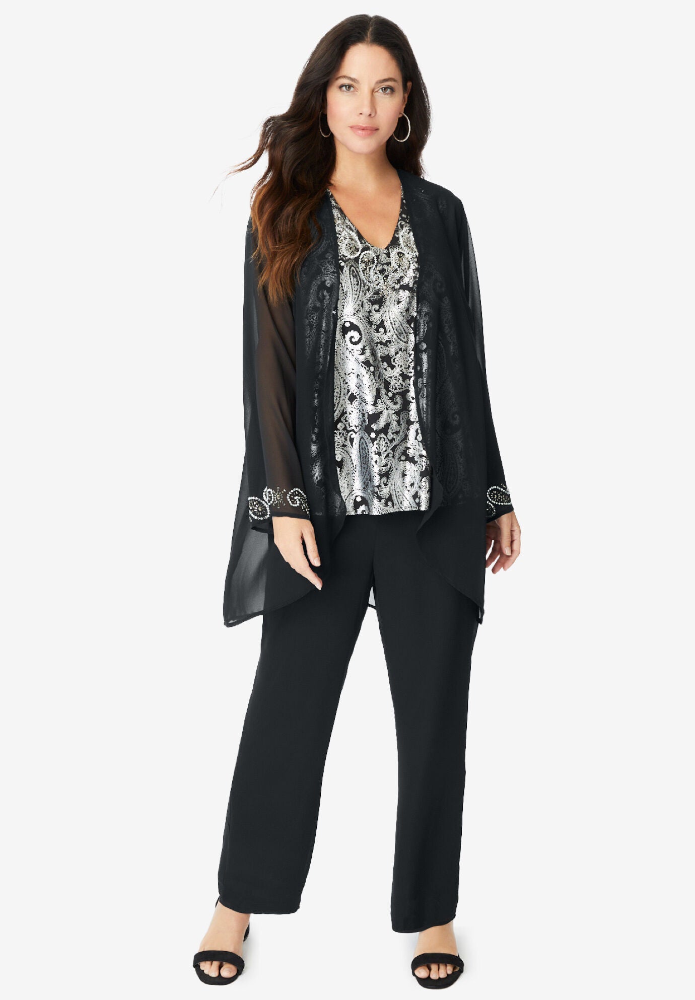 Foil-Print Georgette Pant-Set., BLACK JEWEL PAISLEY, hi-res image number 0