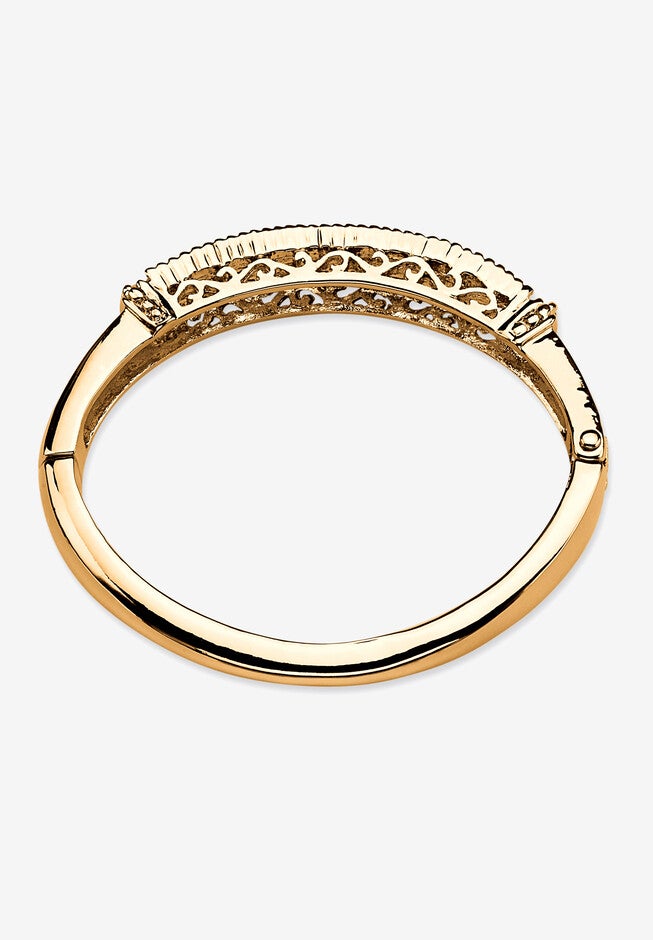 3.24 Cttw. Round Pave Simulated Emerald Goldtone Bangle Bracelet 8 inches, , on-hover image number 1