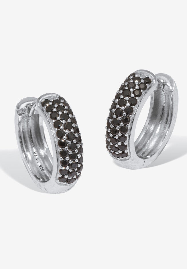 Round Genuine Black Spinel Sterling Silver Huggie Earrings, BLACK, hi-res image number 0