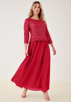 Extended Plus Size Sequin Lace Three Quarter Sleeve A-Line Gown