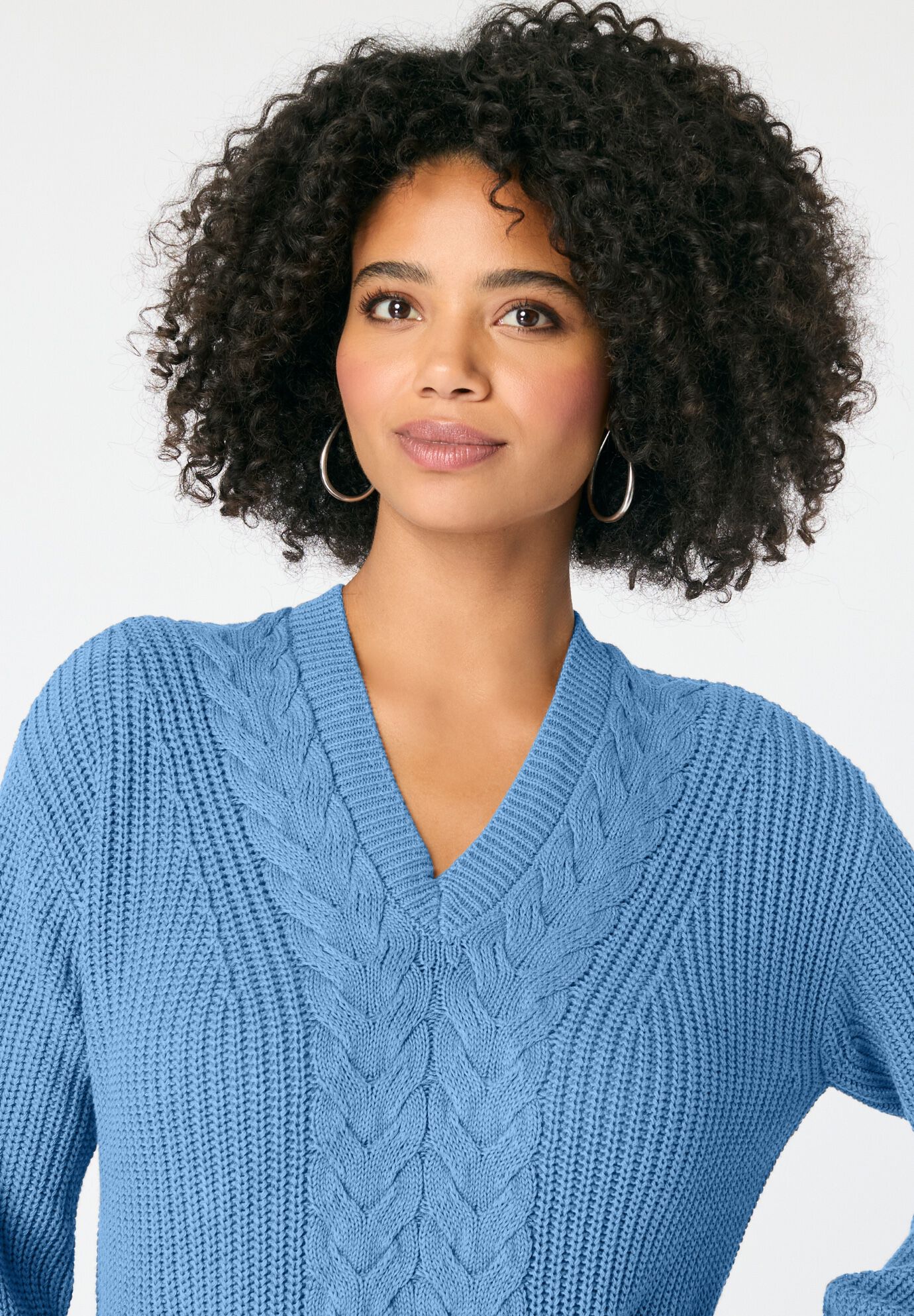 Cable Knit V Neck Sweater, SOFT SKY, alternate image number 3
