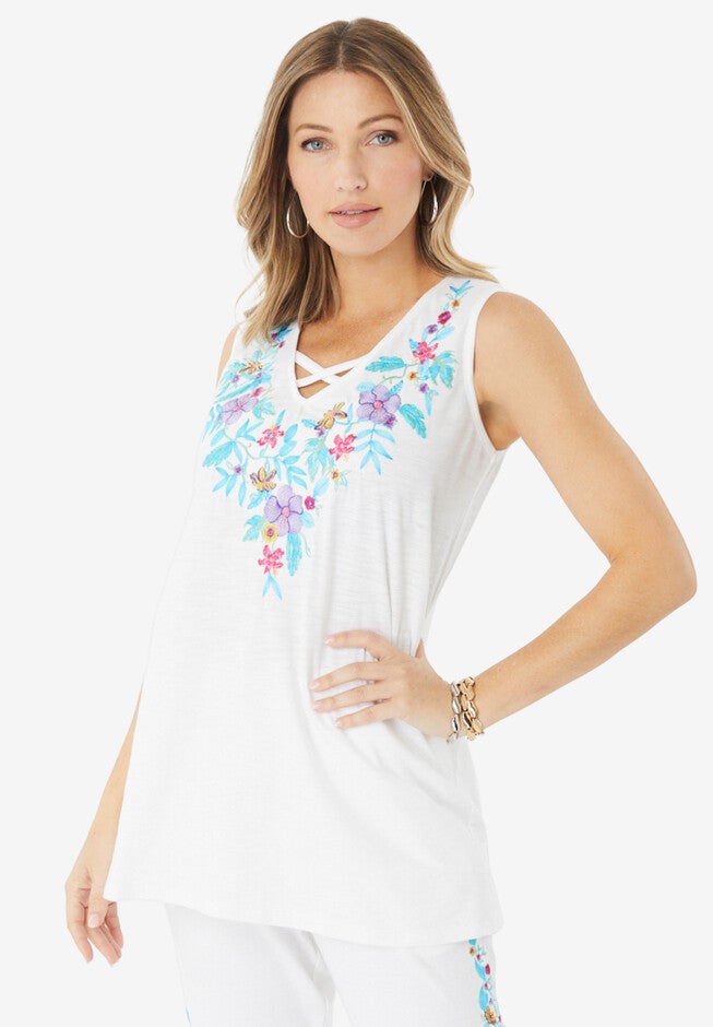 Embroidered Crisscross V-Neck Tank, WHITE TROPICAL VINE, hi-res image number null