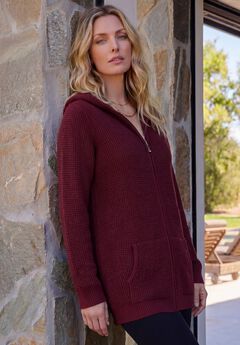 Plus Size Waffle Knit Zip-Front Relaxed Hoodie