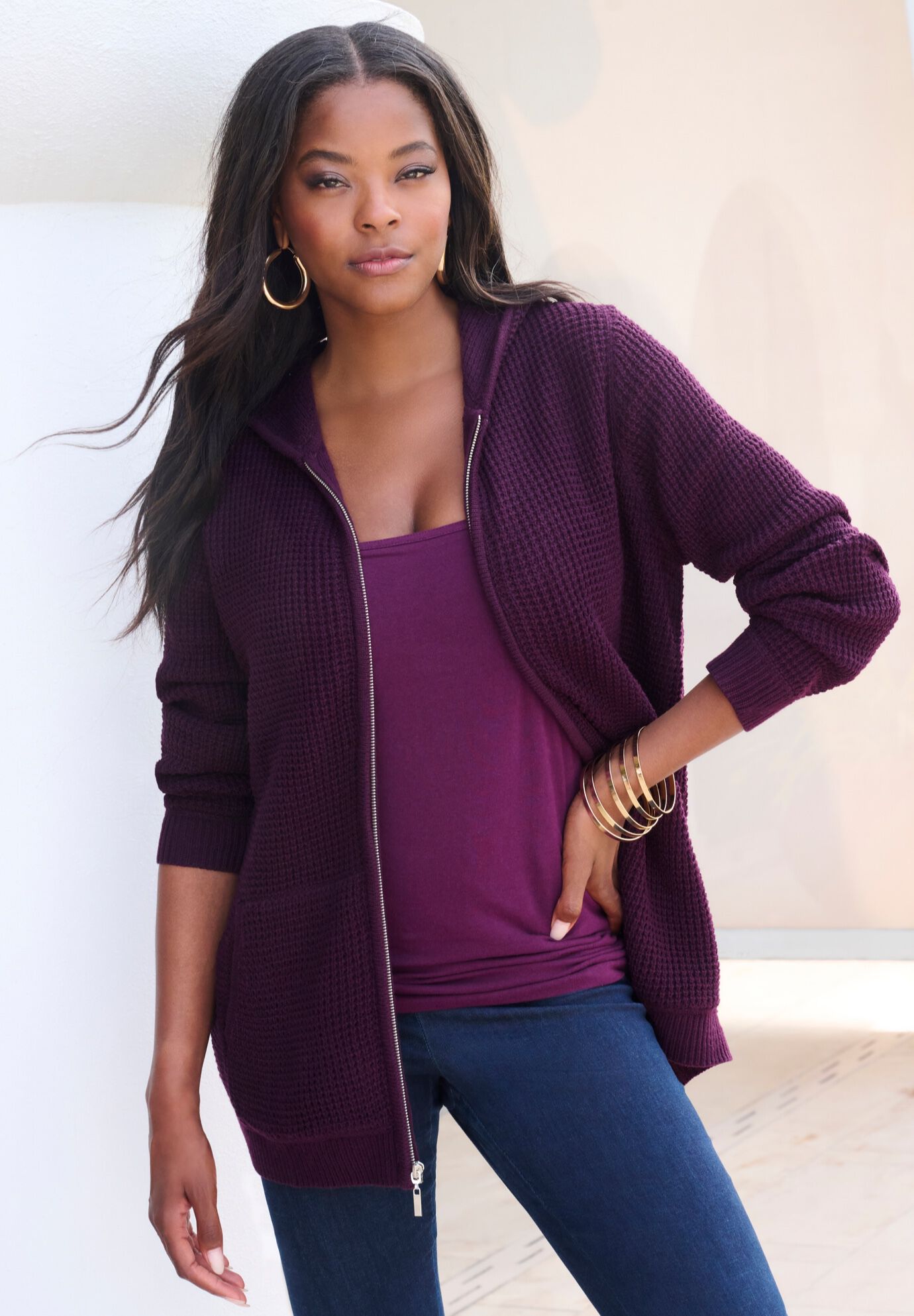 Plus Size Waffle Knit Zip-Front Relaxed Hoodie, , alternate image number 4