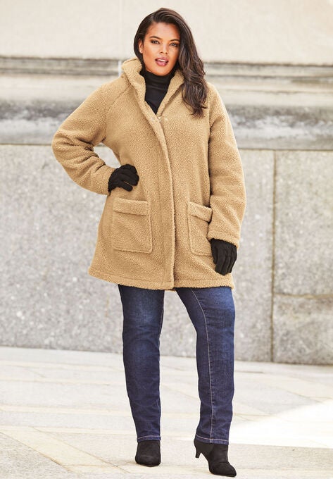 Hooded Textured Fleece Coat, , alternate image number null